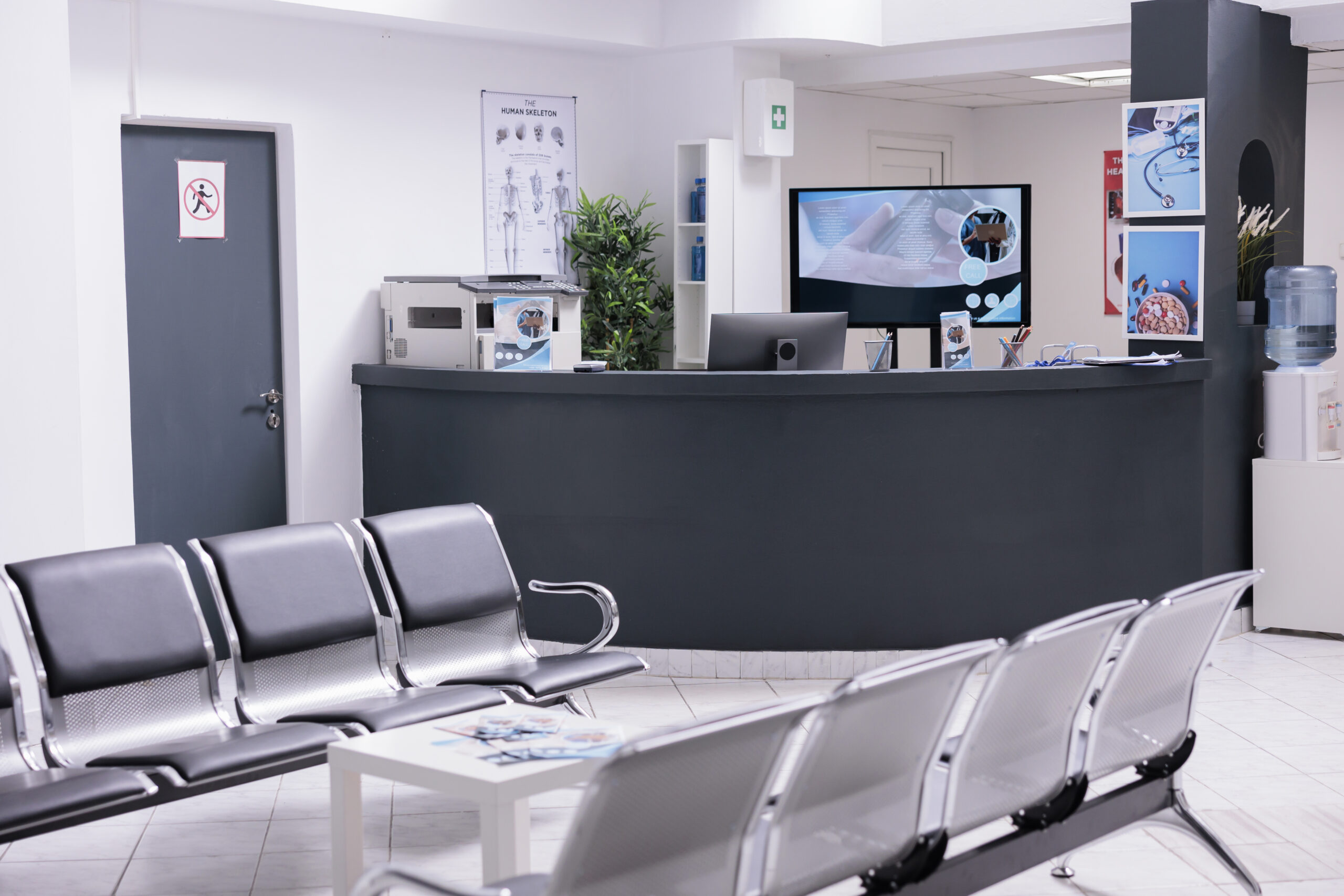 clinical reception with waiting room facility lobby registration counter used patients with medical appointments empty reception desk health center checkup visits scaled